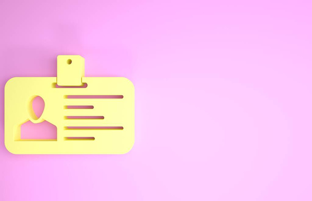 Icono de identificación amarilla aislado sobre fondo rosa. Se puede utilizar para la presentación, la identidad de la empresa, la publicidad. Concepto minimalista. 3D ilustración 3D render - Foto, imagen