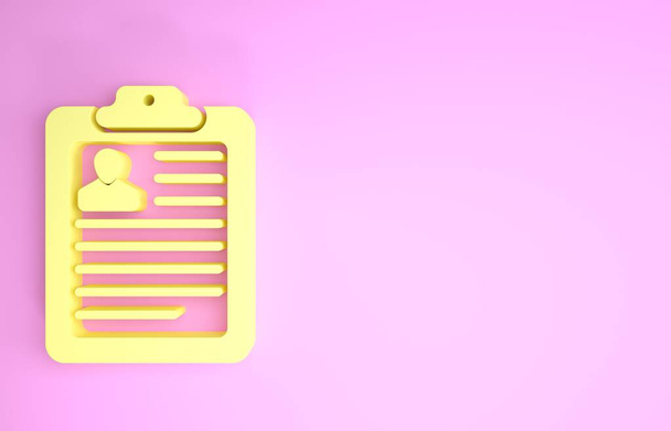 Жовтий щит з резюме іконою ізольований на рожевому фоні. Cv-додатки. Curriculum vitae, форма застосування до роботи з профілем фото. Концепція мінімалізму. 3d Illustrated 3d render - Фото, зображення