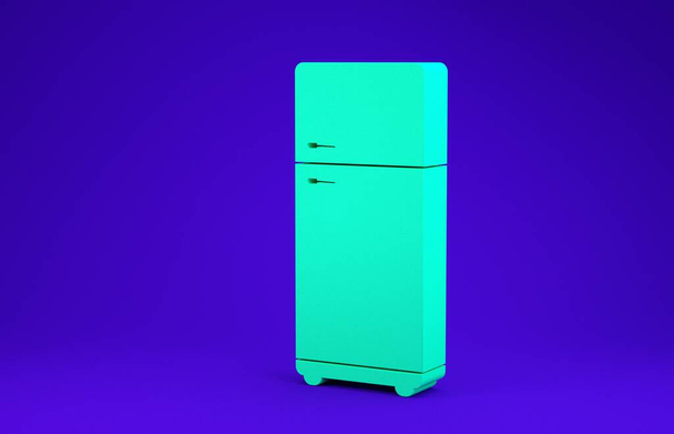 Green Refrigerator icon isolated on blue background. Fridge freezer refrigerator. Household tech and appliances. Minimalism concept. 3d illustration 3D render - Photo, Image
