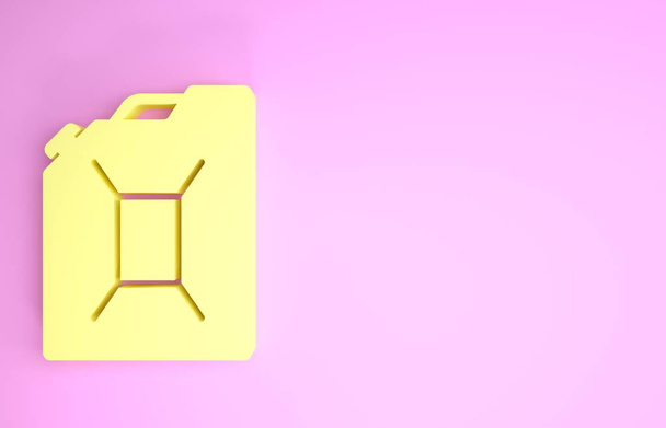 Жовтий каністр для значка бензину ізольований на рожевому фоні. Значок дизельного газу. Концепція мінімалізму. 3D ілюстрація 3D рендеринга
 - Фото, зображення