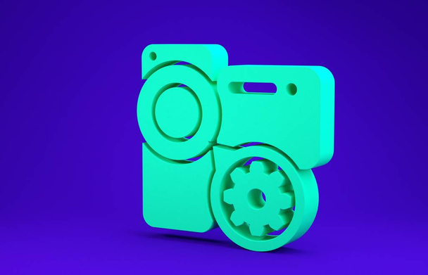 Câmera de vídeo verde e ícone de engrenagem isolado no fundo azul. Ajustar aplicativo, conceito de serviço, opções de configuração, manutenção, reparo, fixação. Conceito de minimalismo. 3D ilustração 3D render
 - Foto, Imagem