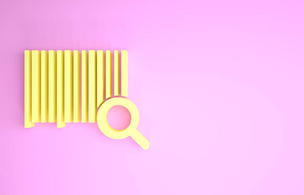 Жовтий значок штрих-коду пошуку ізольовано на рожевому фоні. Збільшує шукати штрих-код зі скла. Наклейка на етикетку штрих-коду. Штрих-код дослідження. Концепція мінімалізму. 3D ілюстрація 3D рендеринга
 - Фото, зображення