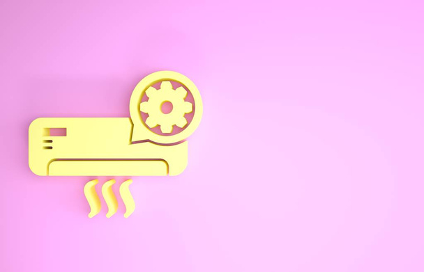 Yellow Air conditioner and gear icon isolated on pink background. Adjusting app, service concept, setting options, maintenance, repair, fixing. Minimalism concept. 3d illustration 3D render - Photo, Image