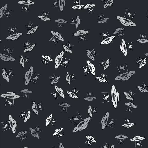 Grey UFO abducts cow icon isolated seamless pattern on black background. Flying saucer. Alien space ship. Futuristic unknown flying object.  Vector Illustration - Vector, Image