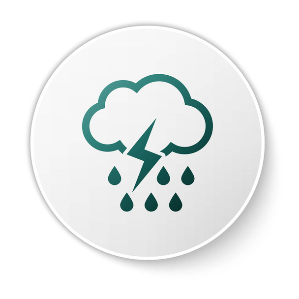 grüne Wolke mit Regen und Blitz-Symbol isoliert auf weißem Hintergrund. Regenwolken Niederschlag mit Regentropfen. Wettersymbol des Sturms. weißer Kreis-Knopf. Vektorillustration - Vektor, Bild