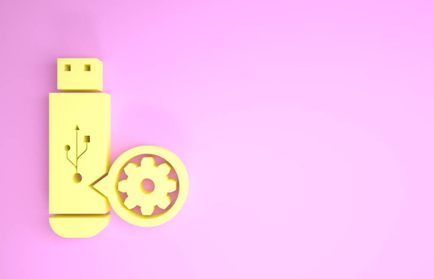 Clé USB jaune et icône d'engrenage isolés sur fond rose. Réglage app, concept de service, options de réglage, entretien, réparation, réparation. Concept de minimalisme. Illustration 3D rendu 3D
 - Photo, image