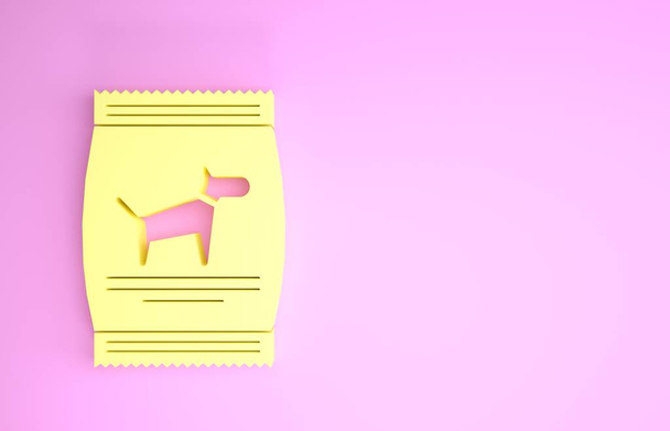 Żółta torba żywności dla ikony psa izolowane na różowym tle. Jedzenie dla zwierząt. Paczka karmy dla zwierząt. Koncepcja minimalizmu. Ilustracja 3d - Zdjęcie, obraz