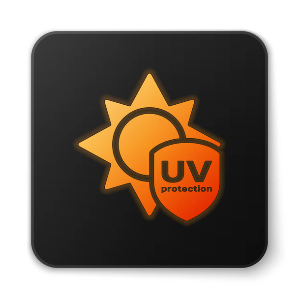 Narancs ragyogó neon Uv védelem ikon elszigetelt fehér alapon. Nap és pajzs. Az ultraibolya sugárzás. Spf nap jel. Fekete négyzet gomb. Vektorillusztráció - Vektor, kép