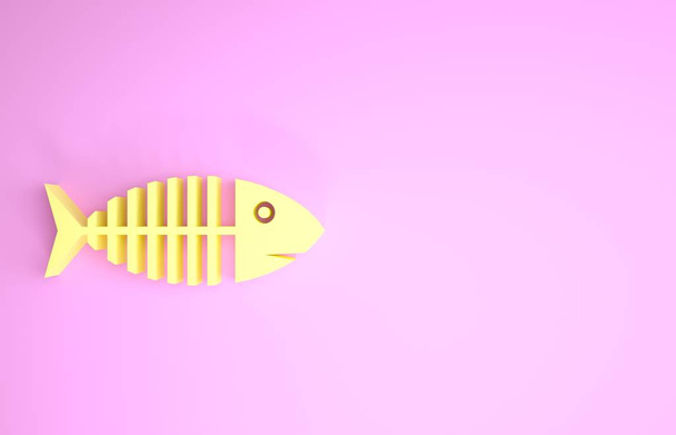Yellow Fish skeleton icon isolated on pink background. Fish bone sign. Minimalism concept. 3d illustration 3D render - Фото, зображення