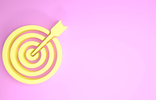 Yellow Target with arrow icon isolated on pink background. Dart board sign. Archery board icon. Dartboard sign. Business goal concept. Minimalism concept. 3d illustration 3D render - 写真・画像
