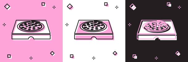ピンクと白、黒の背景に隔離された段ボール箱のアイコンにピザを設定します。レイアウト要素付きのボックス。ベクターイラスト - ベクター画像