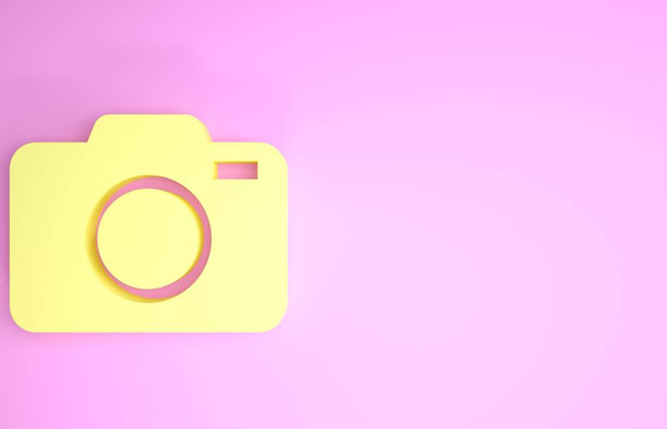 Yellow Photo camera icon isolated on pink background. Foto camera icon. Minimalism concept. 3d illustration 3D render - Photo, Image