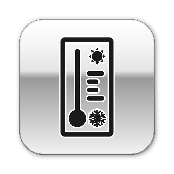 Черный метеорологический термометр, измеряющий тепло и холодную иконку на белом фоне. Термометр показывает жаркую или холодную погоду. Серебряная кнопка. Векторная миграция
 - Вектор,изображение