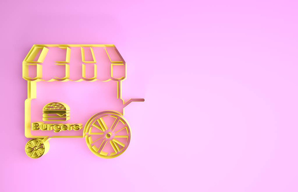 Жовтий візок для вуличної їжі з значком тенту ізольовано на рожевому фоні. Бургери або значок гамбургера. Міський кіоск. Концепція мінімалізму. 3D ілюстрація 3D рендеринга
 - Фото, зображення