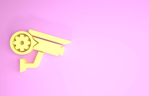 Yellow Security camera and gear icon isolated on pink background. Adjusting app, service concept, setting options, maintenance, repair, fixing. Minimalism concept. 3d illustration 3D render - Photo, Image