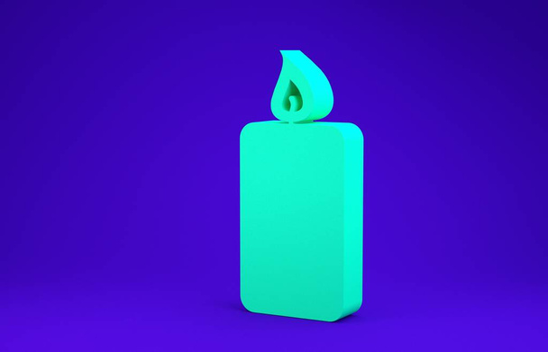 Icône de bougie brûlante verte isolée sur fond bleu. Bougie allumée à l'ancienne. Bougie cylindrique aromatique bâton avec flamme brûlante. Concept de minimalisme. Illustration 3D rendu 3D
 - Photo, image