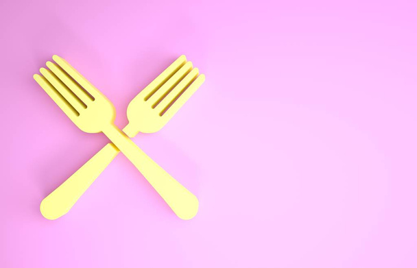 ピンクの背景に孤立した黄色のクロスフォークアイコン。かわいいシンボル。最小限の概念。3Dイラスト3Dレンダリング - 写真・画像