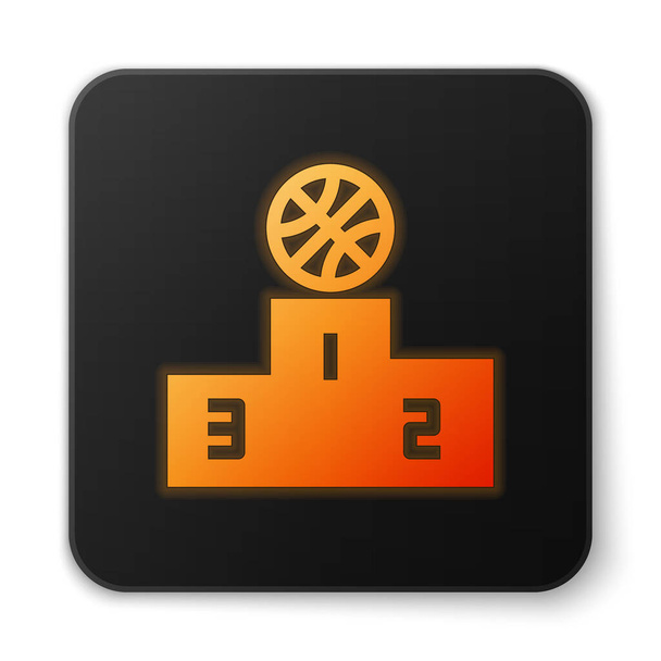 Πορτοκαλί λαμπερό νέον Μπάσκετ πάνω αθλητικός νικητής βάθρο εικονίδιο απομονώνονται σε λευκό φόντο. Μαύρο τετράγωνο κουμπί. Εικονογράφηση διανύσματος - Διάνυσμα, εικόνα