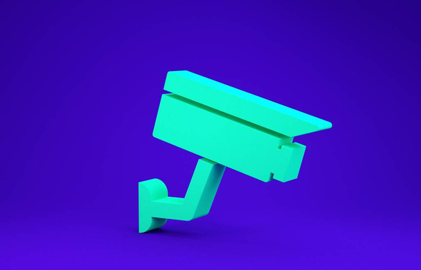 青の背景に隔離された緑のセキュリティカメラのアイコン。最小限の概念。3Dイラスト3Dレンダリング - 写真・画像