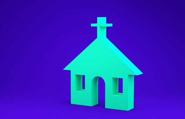 Groene kerk gebouw pictogram geïsoleerd op blauwe achtergrond. Christelijke Kerk. Religie van de kerk. Minimalisme concept. 3d illustratie 3D renderen - Foto, afbeelding
