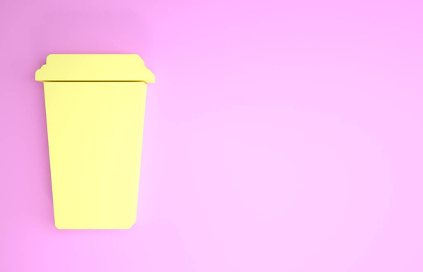 Gele koffiebeker pictogram geïsoleerd op roze achtergrond. Wegwerpkoffiekopje met warme koffie. Minimalisme concept. 3d illustratie 3d renderen - Foto, afbeelding
