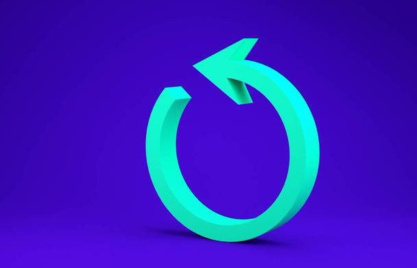 青の背景に緑のリフレッシュアイコンがあります。シンボルをリロードします。円記号で回転矢印。最小限の概念。3Dイラスト3Dレンダリング - 写真・画像