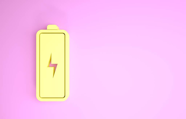 Желтая батарея значок изолирован на розовом фоне. Символ молнии. Концепция минимализма. 3D-рендеринг
 - Фото, изображение