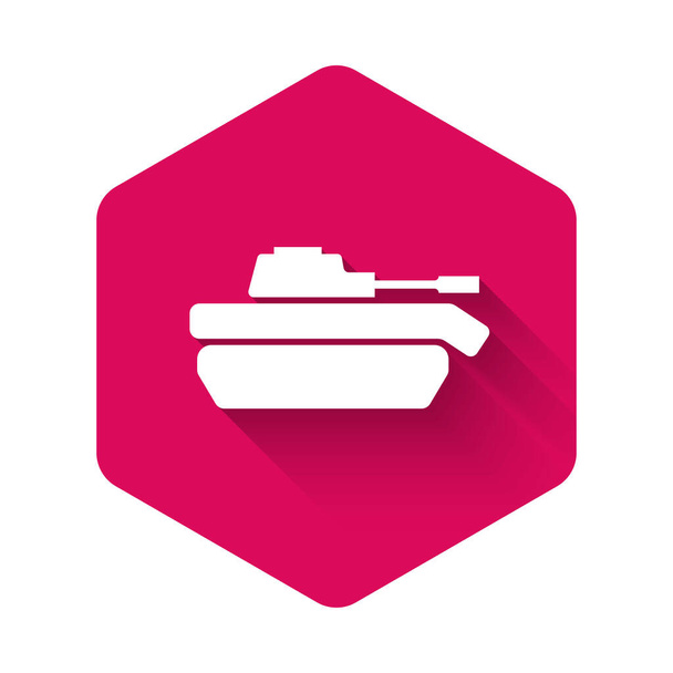 Λευκή στρατιωτική δεξαμενή εικόνα απομονωμένη με μεγάλη σκιά. Ροζ εξάγωνο κουμπί. Εικονογράφηση διανύσματος - Διάνυσμα, εικόνα