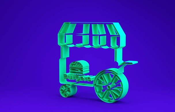 青の背景にアイコンが隔離されたグリーンファストストリートフードカート。バーガーやハンバーガーのアイコン。都市のキオスク。最小限の概念。3Dイラスト3Dレンダリング - 写真・画像