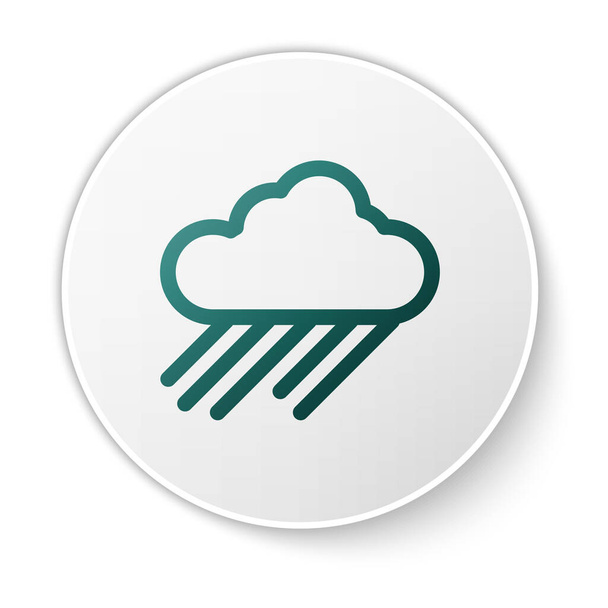 Zielona chmura z ikoną deszczu na białym tle. Deszczowe opady deszczu z kroplami deszczu. Biały przycisk koła. Ilustracja wektora - Wektor, obraz