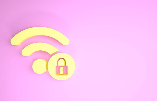 Žlutá Wifi uzamčená ikona izolované na růžovém pozadí. Heslo Wi-fi symbol. Ikona bezdrátové sítě. Wifi zóna. Minimalismus. 3D ilustrace 3D vykreslení - Fotografie, Obrázek