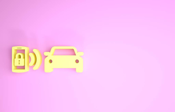 Yellow Smart αυτοκίνητο συναγερμού εικονίδιο απομονωμένο σε ροζ φόντο. Το smartphone ελέγχει την ασφάλεια του αυτοκινήτου στο ασύρματο. Μινιμαλιστική έννοια. 3D απεικόνιση 3d καθιστούν - Φωτογραφία, εικόνα