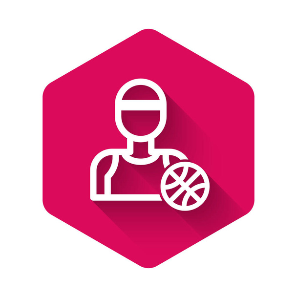 White Basketball player icon isolated with long shadow. Pink hexagon button. Vector Illustration - Vector, Image