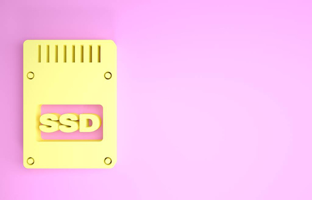 Sarı SSD kart simgesi pembe arkaplanda izole edildi. Katı eyalet sürücü işareti. Depolama diski sembolü. Minimalizm kavramı. 3d illüstrasyon 3d canlandırma - Fotoğraf, Görsel
