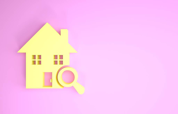 Yellow Search house icon isolated on pink background. Real estate symbol of a house under magnifying glass. Minimalism concept. 3d illustration 3D render - Photo, Image