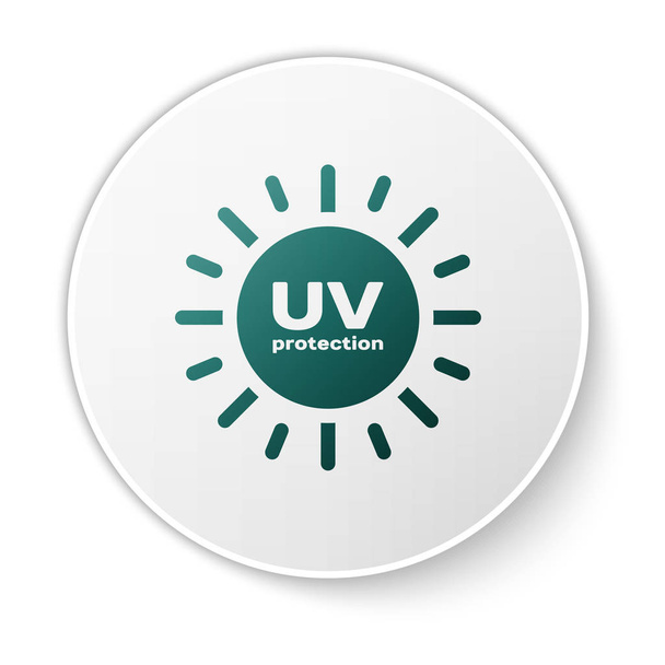Icona di protezione UV verde isolata su sfondo bianco. Radiazioni ultraviolette. Segno solare SPF. Pulsante cerchio bianco. Illustrazione vettoriale
 - Vettoriali, immagini