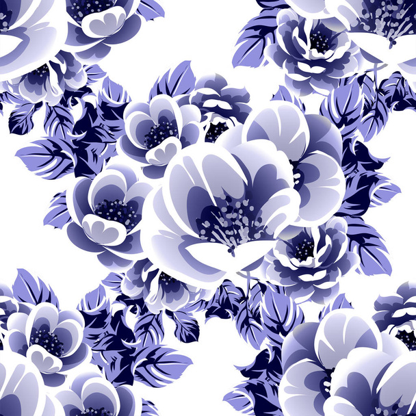 Απρόσκοπτη μπλε μονόχρωμη vintage στυλ λουλούδια μοτίβο - Διάνυσμα, εικόνα