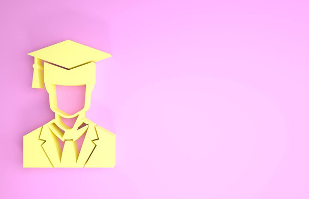 Pembe arka planda cübbe ve mezuniyet şapkası ikonu olan sarı erkek öğrenci profili. Minimalizm kavramı. 3d illüstrasyon 3d canlandırma - Fotoğraf, Görsel