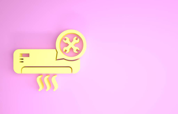Желтый кондиционер с отверткой и значком гаечного ключа на розовом фоне. Регулировка, обслуживание, настройка, обслуживание, ремонт, фиксация. Концепция минимализма. 3D-рендеринг
 - Фото, изображение