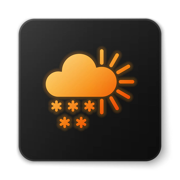 Orange glowing neon Cloudy with snow icon isolated on white background. Cloud with snowflakes. Single weather icon. Snowing sign. Black square button. Vector Illustration - ベクター画像