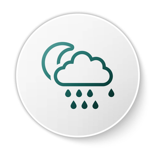 Green Cloud with rain and moon icon isolated on white background. Rain cloud precipitation with rain drops. White circle button. Vector Illustration - ベクター画像