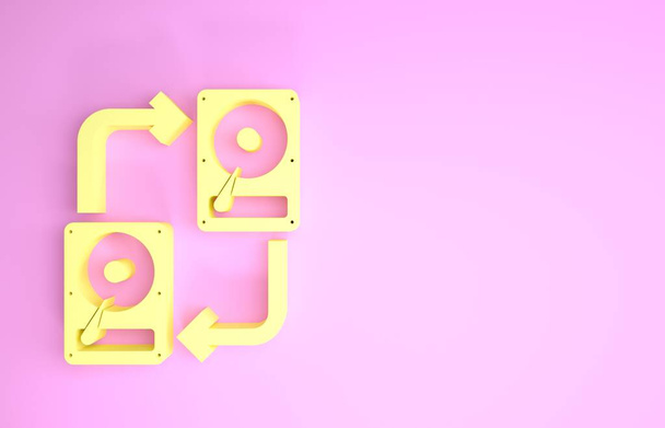 Yellow A fixed data storage device hard disk with arrows, data copy icon isolated on pink background. Data exchange with hard disk drive. Minimalism concept. 3d illustration 3D render - 写真・画像
