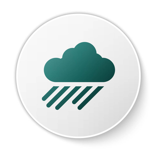 Nube verde con icono de lluvia aislado sobre fondo blanco. precipitación de nubes de lluvia con gotas de lluvia. Botón círculo blanco. Ilustración vectorial - Vector, Imagen