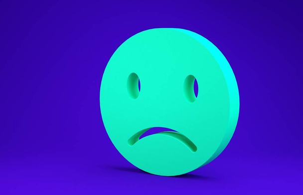 Icono de sonrisa triste verde aislado sobre fondo azul. Cara de emoticono. Concepto minimalista. 3D ilustración 3D render
 - Foto, imagen