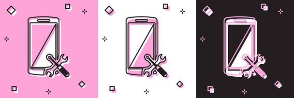 Definir Smartphone com chave de fenda e ícone chave isolada em rosa e branco, fundo preto. Ajuste, serviço, configuração, manutenção, reparação, fixação. Ilustração vetorial
 - Vetor, Imagem