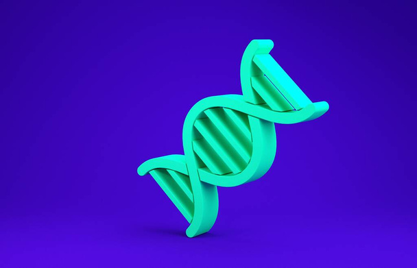 Icono símbolo de ADN verde aislado sobre fondo azul. Concepto minimalista. 3D ilustración 3D render - Foto, imagen