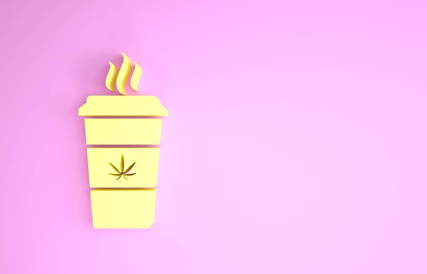 ピンクの背景に隔離されたマリファナや大麻の葉のアイコンを持つイエローカップコーヒー。マリファナ合法化。ヘンプ記号。最小限の概念。3Dイラスト3Dレンダリング - 写真・画像