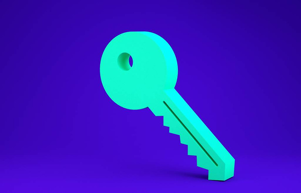 Green Key Symbol isoliert auf blauem Hintergrund. Minimalismus-Konzept. 3D Illustration 3D Renderer - Foto, Bild