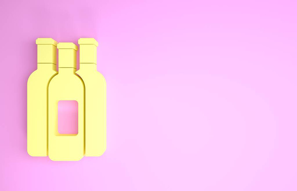 Bouteilles jaunes de vin icône isolée sur fond rose. Concept de minimalisme. Illustration 3D rendu 3D - Photo, image