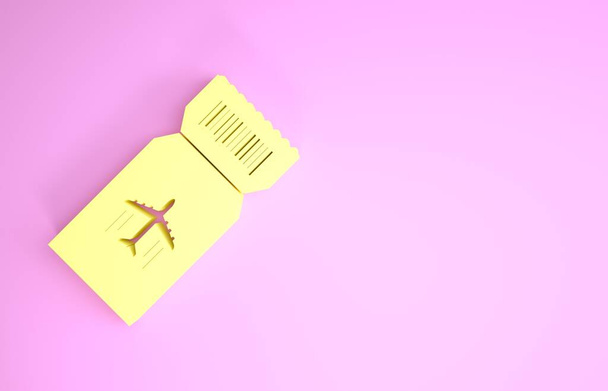 Ícone de bilhete Amarelo Airline isolado no fundo rosa. Um bilhete de avião. Conceito de minimalismo. 3D ilustração 3D render
 - Foto, Imagem